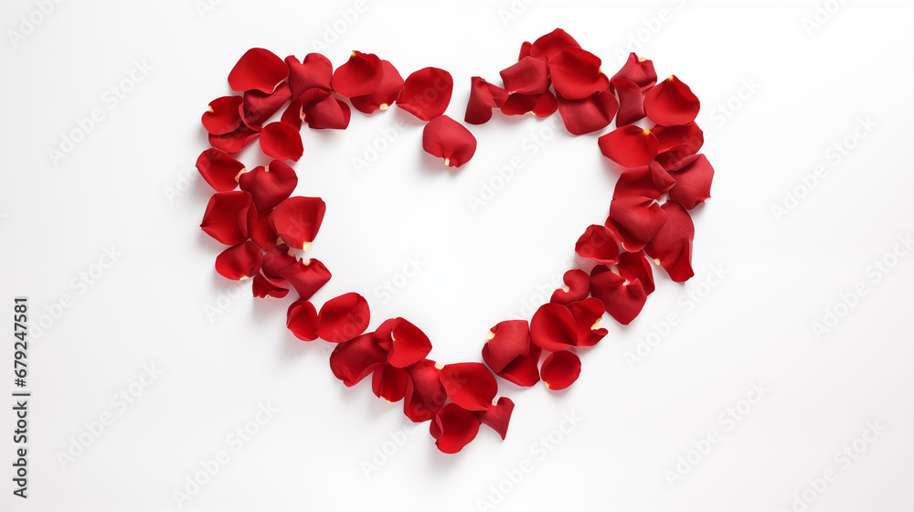 Valentine's Day: Heart Shape Formed by Outlined Red Rose Petals on a White Background, Symbolizing Love and Devotion, Viewed from Above, Creating a Captivating Symbol of Affection