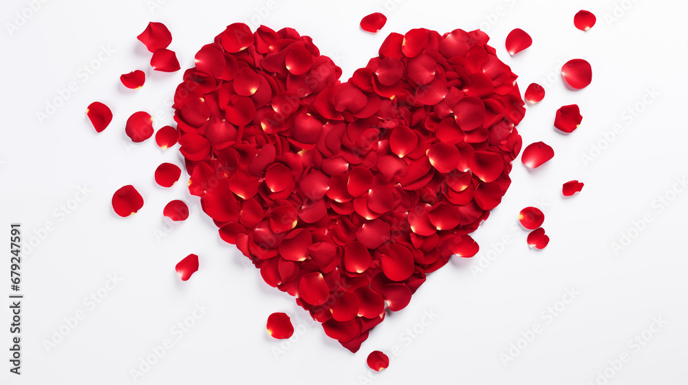 Valentine's Day: Large Heart Formed by Fresh Red Rose Petals on a White Background, Symbolizing Love and Devotion, Viewed from Above, Creating a Striking Emblem of Affection