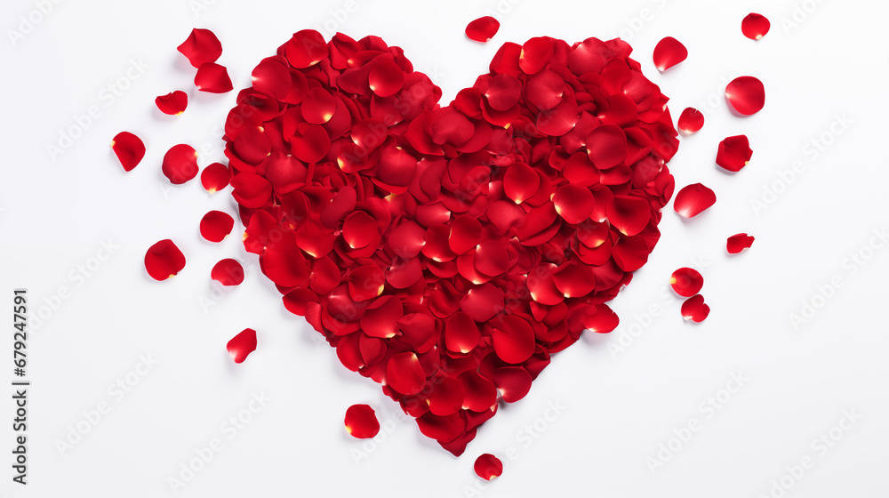 Valentine's Day: Large Heart Formed by Fresh Red Rose Petals on a White Background, Symbolizing Love and Devotion, Viewed from Above, Creating a Striking Emblem of Affection Valentine's Day: Large Heart Formed by Fresh Red Rose Petals on a White Background, Symbolizing Love and Devotion, Viewed from Above, Creating a Striking Emblem of Affection
