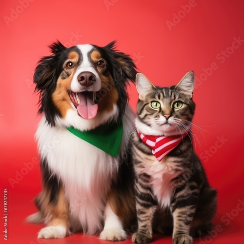 photoshoot of cat and dog wearing Christmas costume.