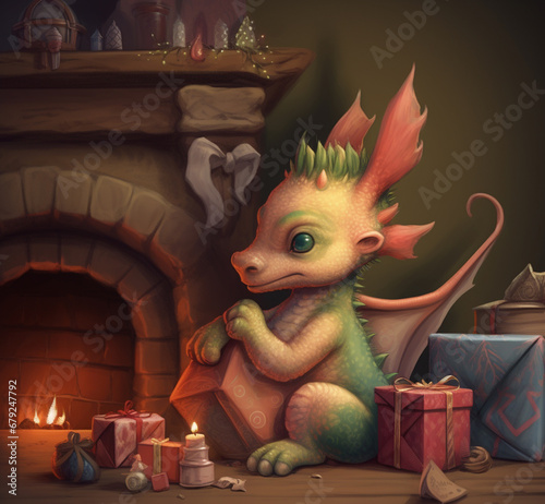 Cute fairytale dragon sitting near fireplace with christmas gifts. 2024 Year Symbol Green Dragon Fairy Tale Creatures AI Created Holiday Greeting Card New Year Illustration photo