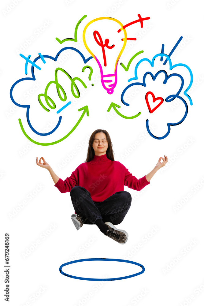Contemporary art collage. Calm woman in lotus pose mediating and generate ideas for productivity. Modern colorful abstract scribble drawings. Contemporary art collage. Calm woman in lotus pose mediating and generate ideas for productivity. Modern colorful abstract scribble drawings.