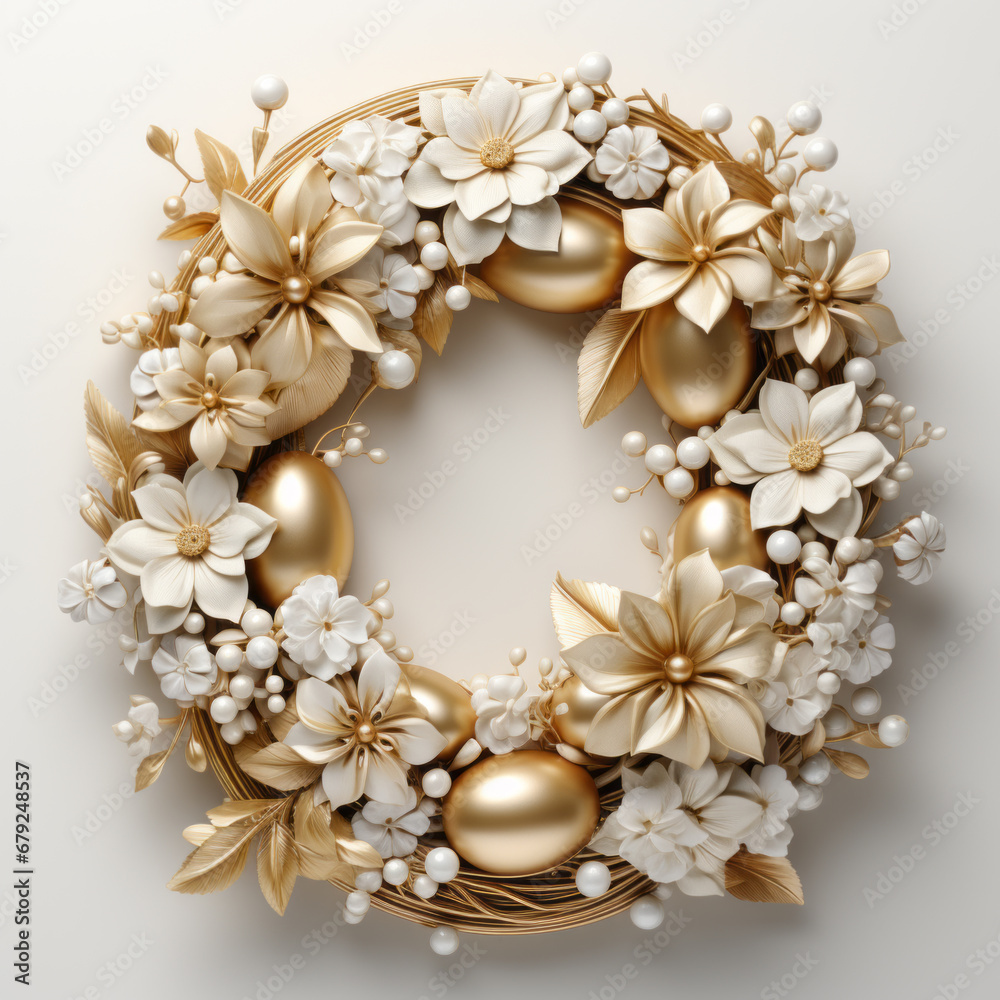 Easter wreath with golden Easter eggs. Top view Easter wreath with golden Easter eggs. Top view
