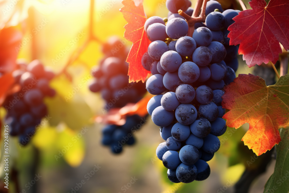 Dark Blue grapes in plantation. Ripe wine in vineyard, closeup
