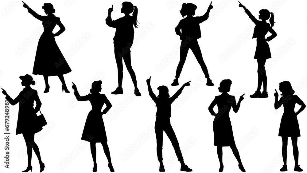 Fototapeta premium Stylish silhouette vector set of finger pointing ladies