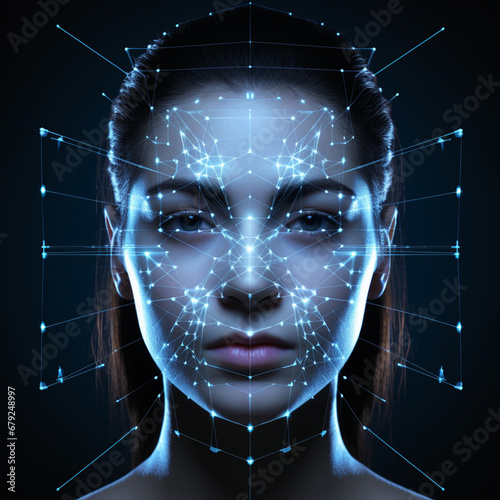 fondo con detalle de rostro femenino con holograma de detalle como simbolo de reconocimiento facial