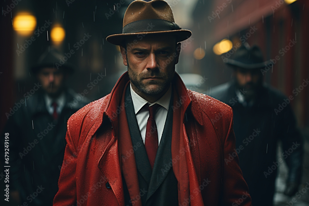 Gangsters mafia in style of 60s. Street portrait of a stylish stern man in a hat and coat in an alley in the evening