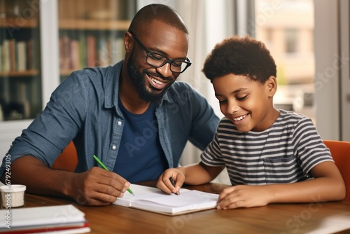 African American father help his son with homework. Home education concept. They writes down solutions of tasks in her notebook.