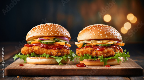 pair of savory chicken burgers on wooden board