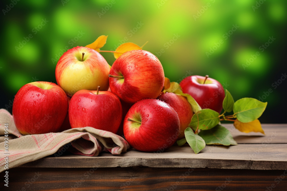 Autumns Bounty Fresh Apples on Wooden Table and Tree Branches Autumns Bounty Fresh Apples on Wooden Table and Tree Branches
