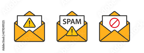Spam email icon. Virus mail message symbol. Malware letter signs. Hacker protection symbols. Internet scam icons. Vector sign.