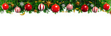 Merry christmas and a happy new year. Banner made of fir branches and ball decorations. 3d rendering