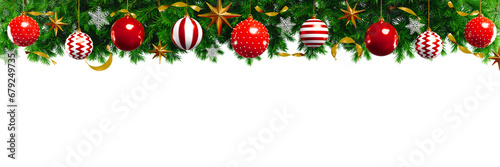 Merry christmas and a happy new year. Banner made of fir branches and ball decorations. 3d rendering photo