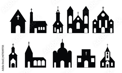 Town skyline silhouette. Small city houses, factory buildings, old church roofs, simple residental neighborhood vector flat scene photo