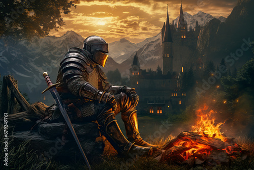 Knight in armor resting by fire. Castle, mountains backdrop at sunset photo