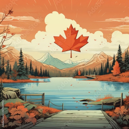 Red Maple Leaf Drifting Above a Serene Canadian Lake Generative AI