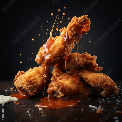 Fotografia con detalle de porciones de pollo frito con salsa