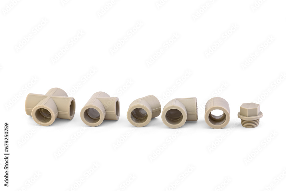 Set of fittings for polypropylene pipes isolated on white background. Set of fittings for polypropylene pipes isolated on white background.