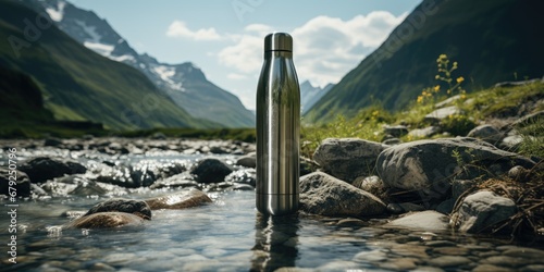 A thermos for tea or coffee, a mockup of a reusable bottle for traveling and hiking. Generative AI