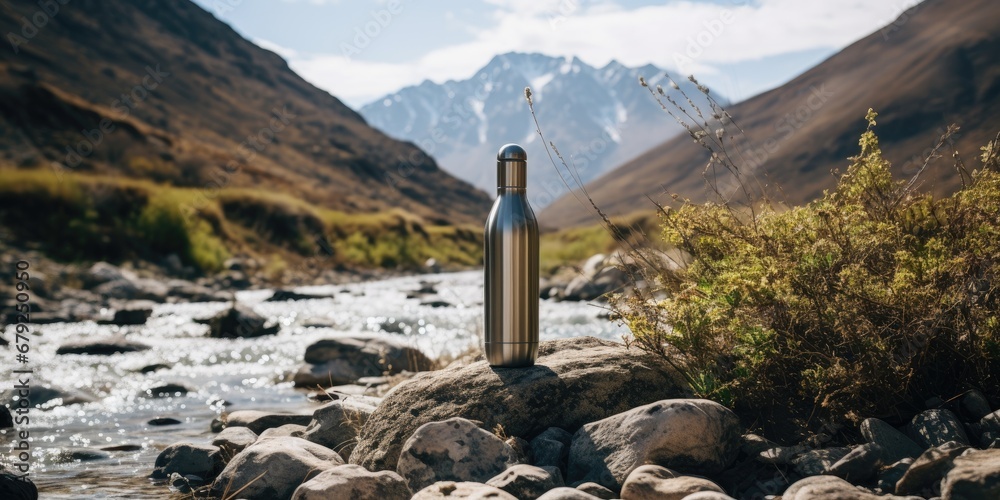 Reusable water bottle for hiking or hiking against the backdrop of a mountain river, Generative AI - obrazy, fototapety, plakaty 