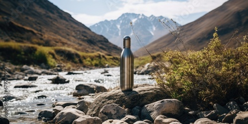 Reusable water bottle for hiking or hiking against the backdrop of a mountain river, Generative AI