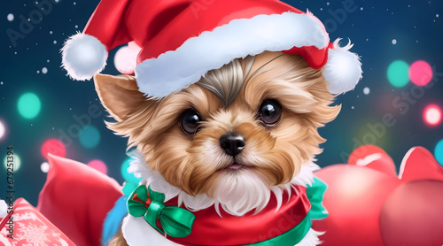 A cute Yorkshire terrier wears a Santa Claus costume on Christmas day with beautiful decorations. © FiFA