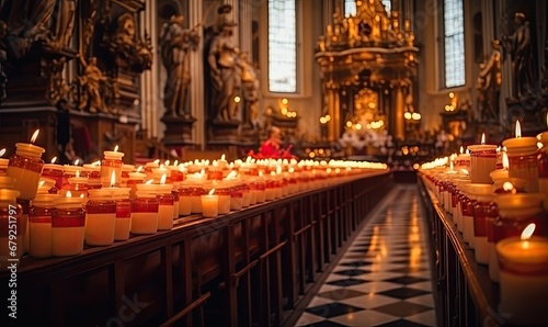 A Serene Glow: Candlelight Illuminates a Checkered Church Floor