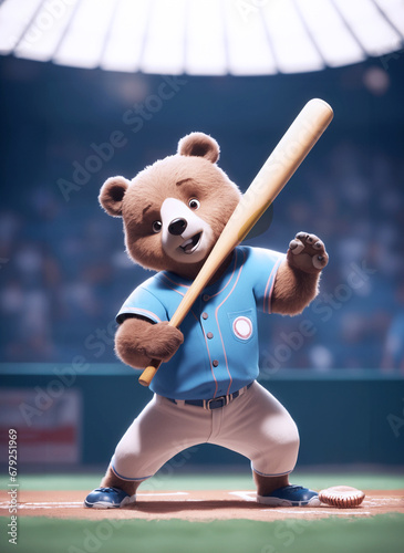 illustrazione di simpatico orsetto in tenuta da gioco baseball che impugna la mazza da battuta photo