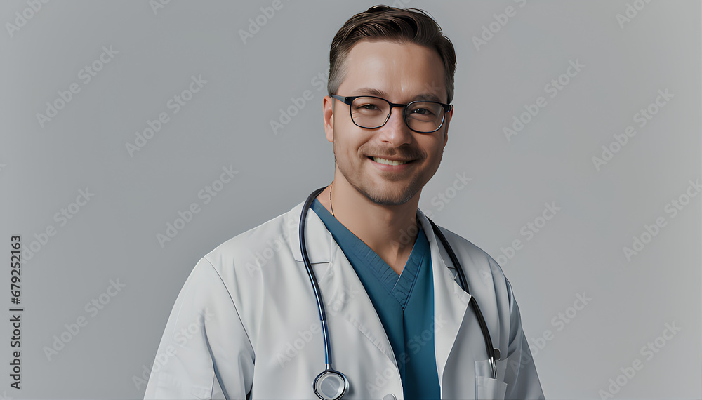 Professional Care: Portrait of a Smiling Male Doctor in Work Overalls with Space for Your Advertisement on a White Background Professional Care: Portrait of a Smiling Male Doctor in Work Overalls with Space for Your Advertisement on a White Background