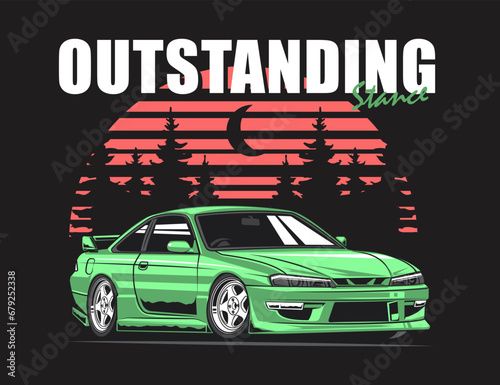 90s automotive car modification vector design and nature background illustration