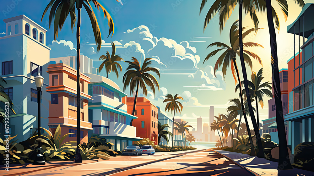 Obraz premium Illustration of a city with palm trees