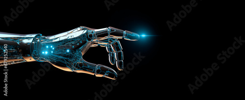 Robot hand with luminous elements on a black background. Stylized robot hand. Copy space. Future technologies, robotics. Place for text