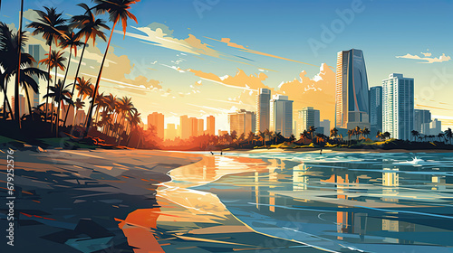 Illustrations of a beach with a big city with skyscrapers in the background photo