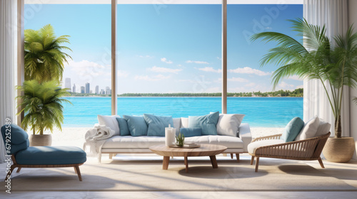 A bright room with a sofa and a sea that you can see from the windows in summer