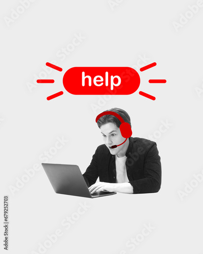Young man sitting in headphones and working on laptop, communicating, chatting with people that need help. Contemporary artwork. Concept of support, call center, hot line, profession, communication