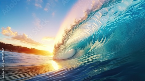 Giant blue ocean wave breaking on tropical coast at sun © paisorn