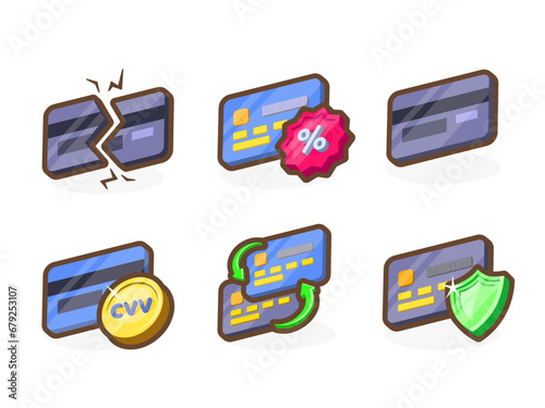 Casual icons of credit cards for your app. Bright remarkable UI elements. Financial protection, promotion, broken card, transactions and others. Vector illustration for your business.