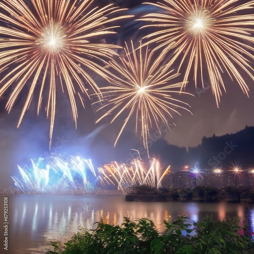 Brilliant fireworks light up the night sky. Ai Generated. © Sakirul