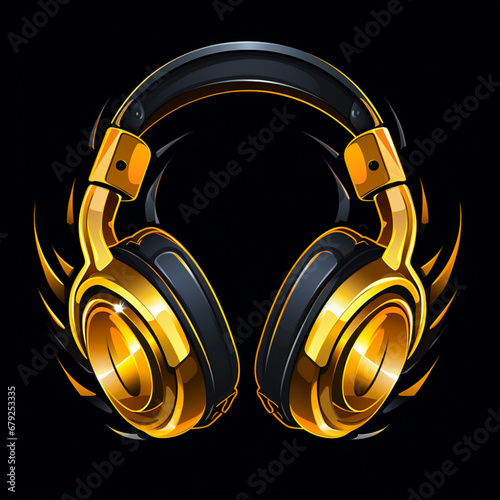 Ilustración con detalle de auriculares de tonos negros y dorados, con fondo de color negro