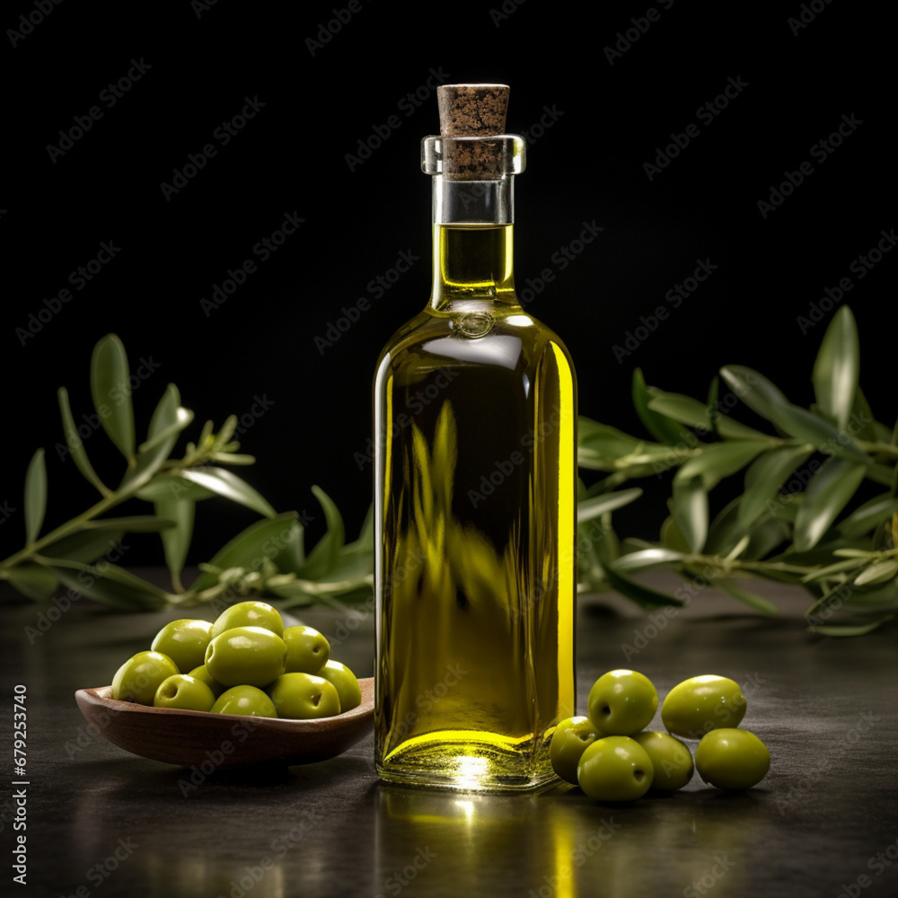 Fotografia con detalle de botella de cristal con aceite de oliva Fotografia con detalle de botella de cristal con aceite de oliva