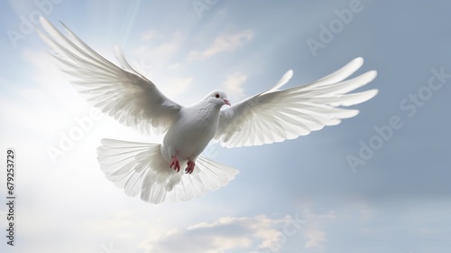 White doves and bright lights in the sky as a peace and spiritual symbol of Christian people. Holy spirit symbol. photo