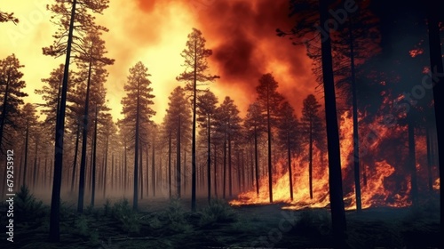 Forest on fire and environment damage and natural habitats, fire is everywhere and air pollution