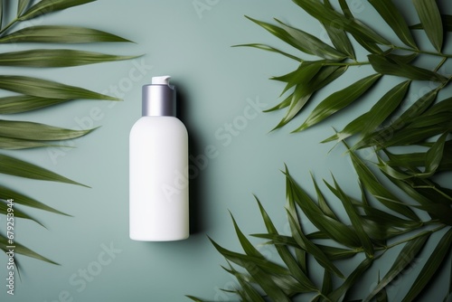 Aesthetic flat lay with a blank cosmetic bottle and green leaves. AI generative