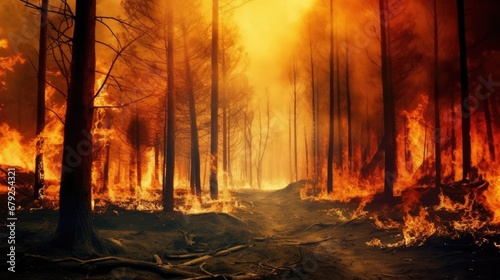 Forest on fire and environment damage and natural habitats, fire is everywhere and air pollution © Riocool