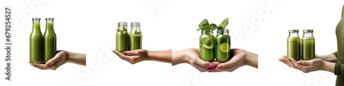 Female hand holding two bottles of green smoothie Hyperrealistic Highly Detailed Isolated On Transparent Background Png File