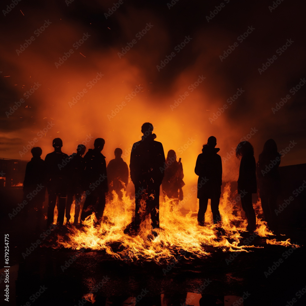 Fondo con detalle de varias personas en la oscuridad, entre llamas