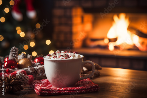 Stampa su tela A mug of hot chocolate or coffee by the Christmas fireplace.