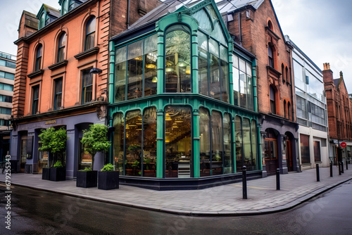 Irish pub in contemporary building window facade. Green decor elements. Street view