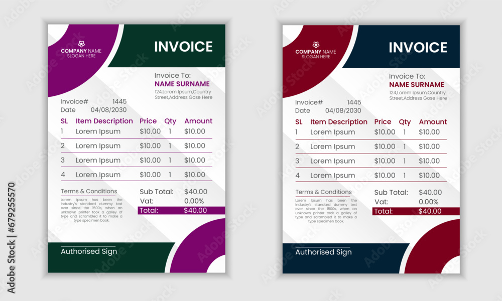 Modern vector business invoice template .Business stationery design payment agreement design template.