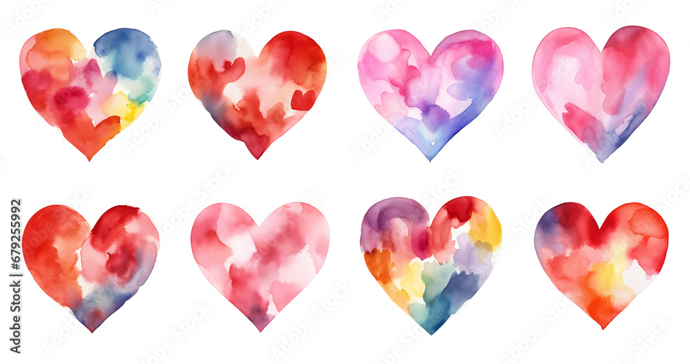 Set of watercolor colorful heart shapes isolated on transparent background. 